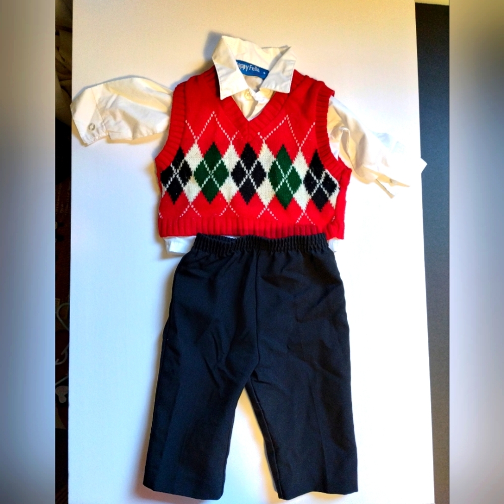 Happy Fella 3 piece 6/9 M outfit red, Green and Black vest with Black dress pant